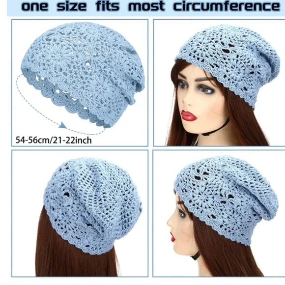 Blue Handmade Knit Floral Skull Cap Cotton Cutout Summer Hats for Women K…​​ - Picture 2 of 3